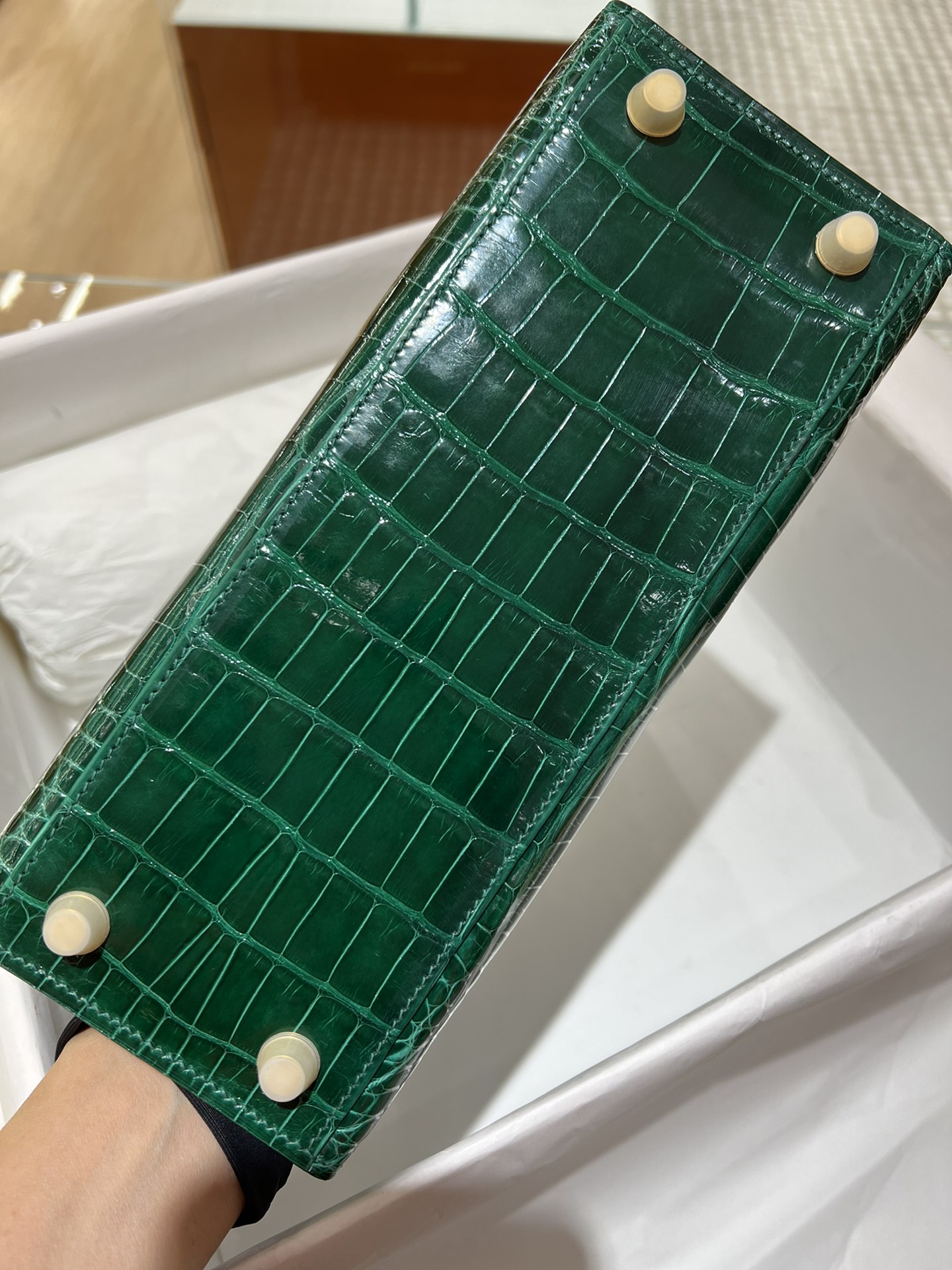 Hermes Kelly 25cm Handbag Shoulder Bag In Vert Emeraude Grey Shiny Crocodile Niloticus Leather